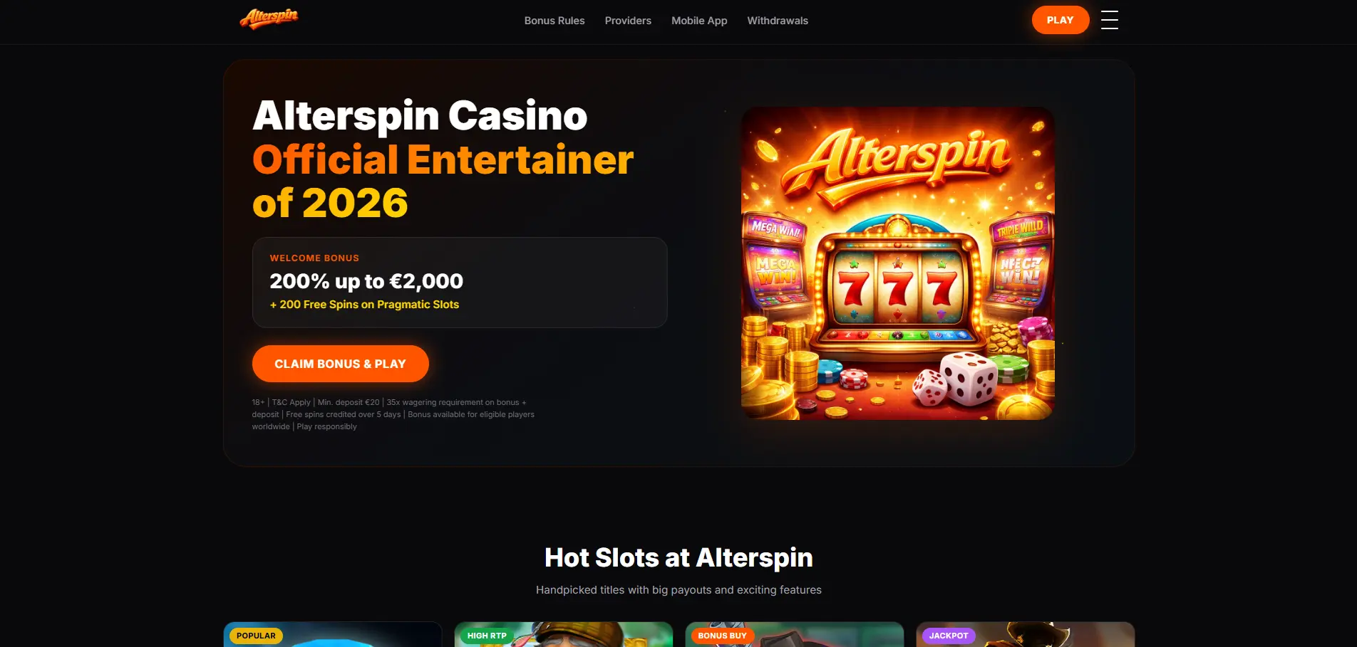 AlterSpin Casino - criptovalute e prelievi entro 24 ore su wallet